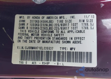 2014 Honda Cr-V Ex-L from USA, damaged, VIN 5J6RM4H71EL035537